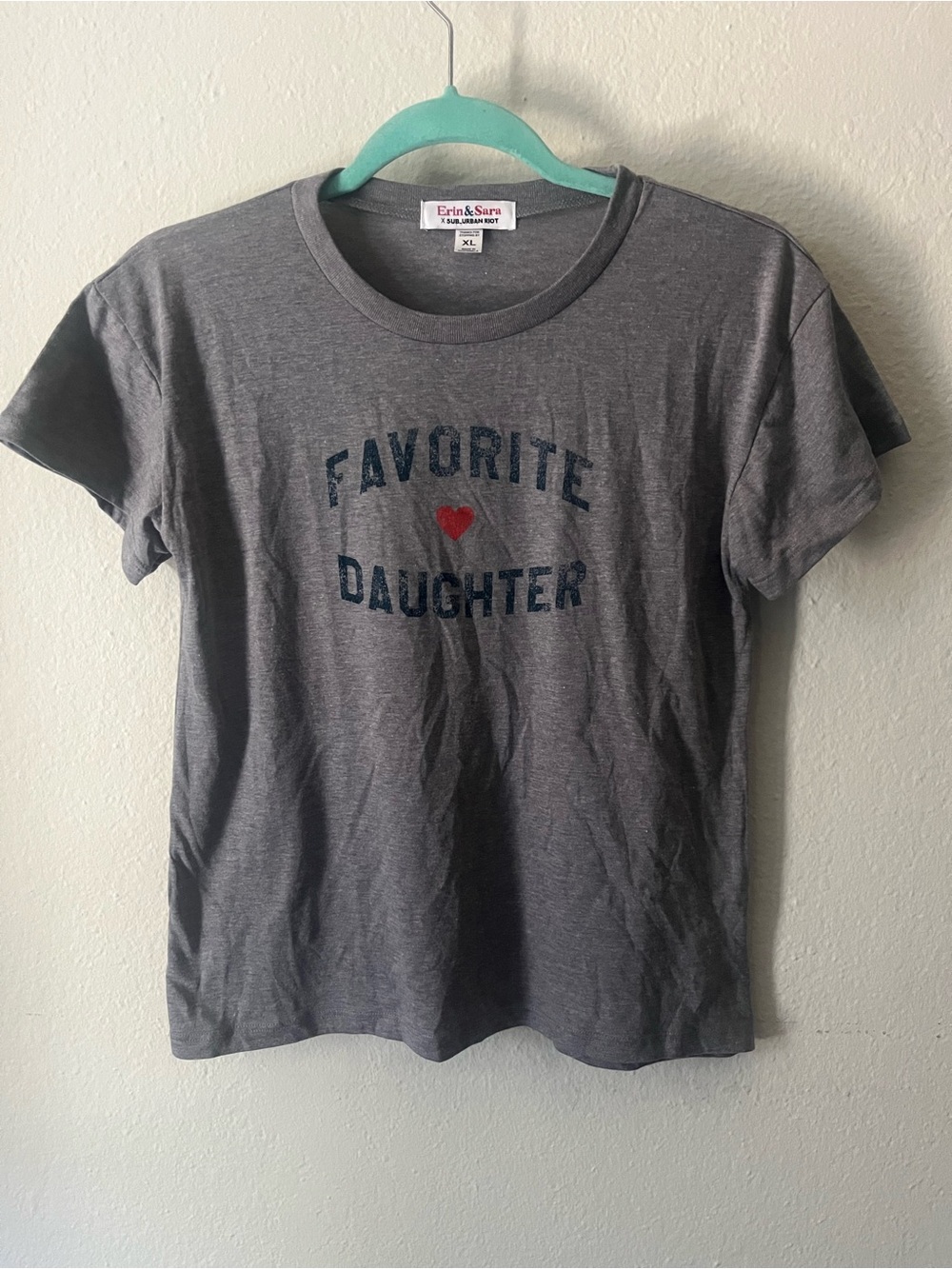 Favorite Daughter Gray Tee with Navy Text and Red Heart
